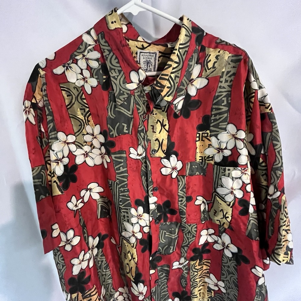 Roundtree & Yorke Mens 2X Tropical Floral 100% Silk Red Shirt Caribbean Fun
